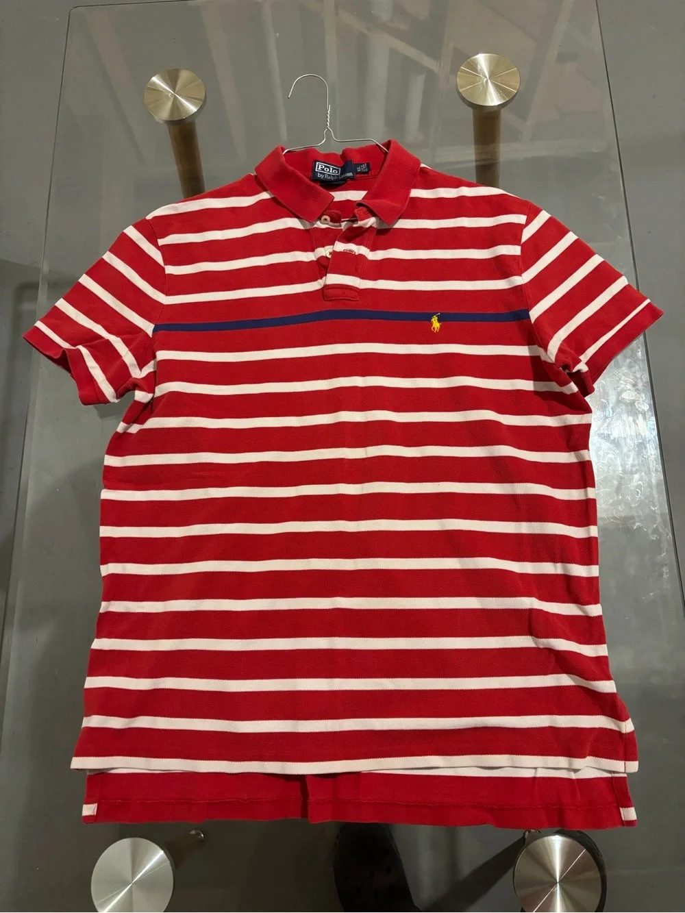 Ralph Lauren Red & White Striped Polo with Navy Accent